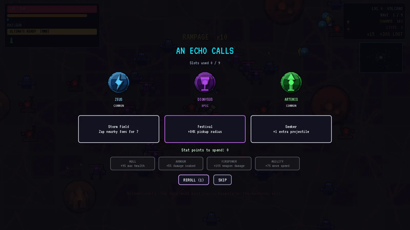 Three Echo boons offered, one per god, with rarity colours