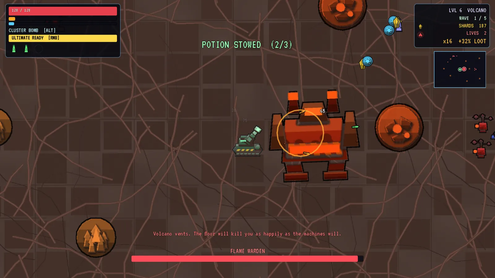 A warden boss facing the player mech