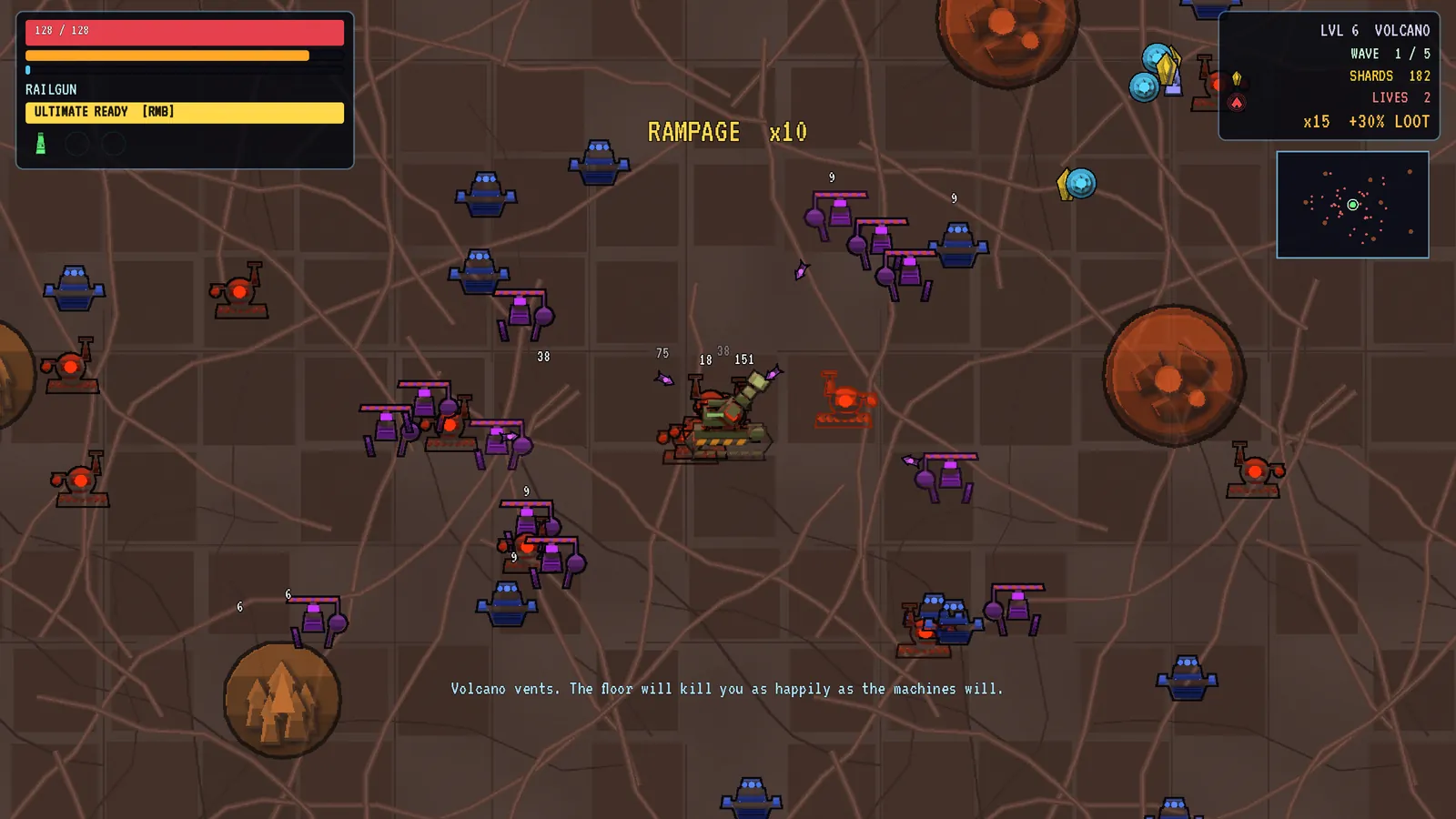 Damage numbers and chain lightning across a crowd