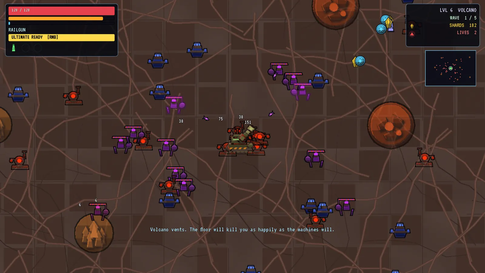 A wave of machines closing in across a volcanic hive floor