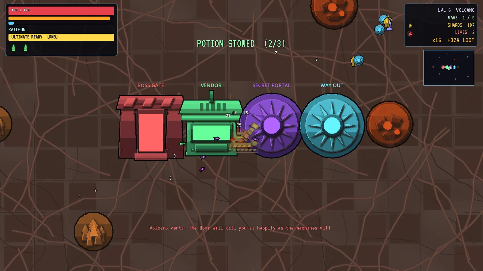 Capsule, boss gate, portal and vendor in a hive