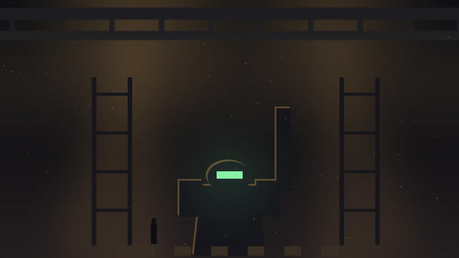 A mech bay lit from above, one machine still standing